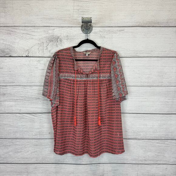 Lucky Brand Plus Size Coral & Gray Printed Boho Blouse Size 2X - Picture 1 of 7